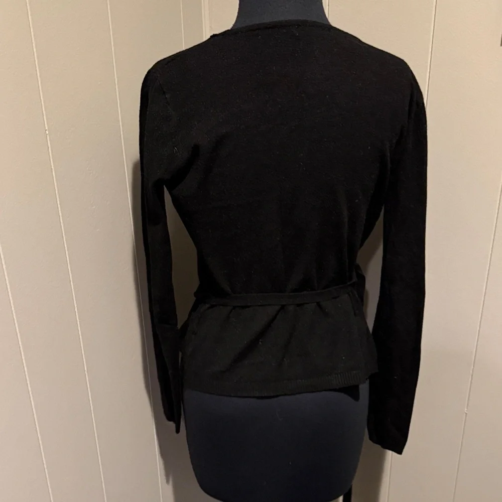 Damo V Neck Classic Preppy Minimal Black Wrap Sweater with Waist Ties